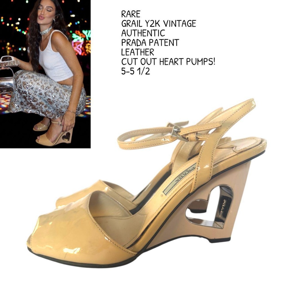 Vintage Prada Patent Leather Heart Cutout Wedge Sandals Neutral Y2K 35.5